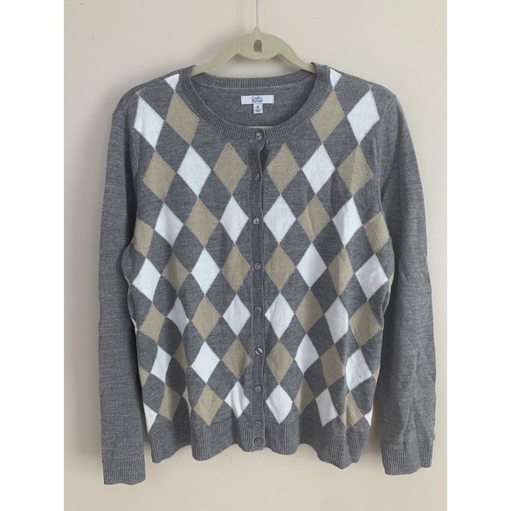 Croft & Barrow PL Cardigan Sweater Argyle Diamond Gray Button Womens‎ Academia